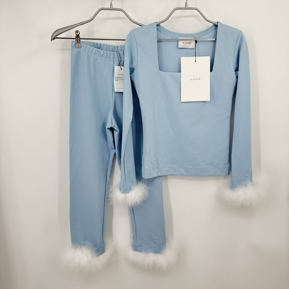 Sleeper Weekend Chic 2-Piece Pajama Set with Feather Trim size S NWT Light Blue